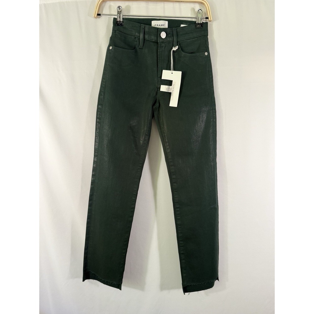 FRAME Le High Straight Jeans Pine Green Coated Wash Waxed Raw Hem Womens 24